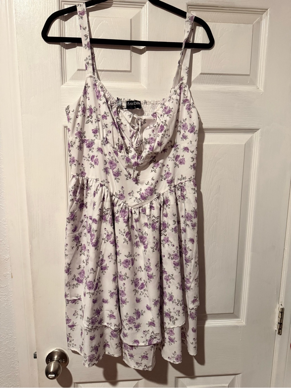 White Dress with Purple Floral Print Spaghetti Strap Mini